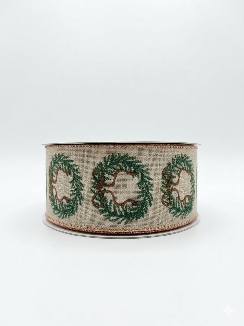 Neutral Linen Holiday Ribbon with Green Wreath Pattern